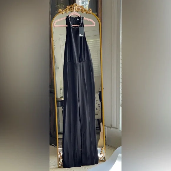 NWT The Kooples BLACK CREPE JUMPSUIT with Silver Chain Neck Detail - Picture 5 of 16
